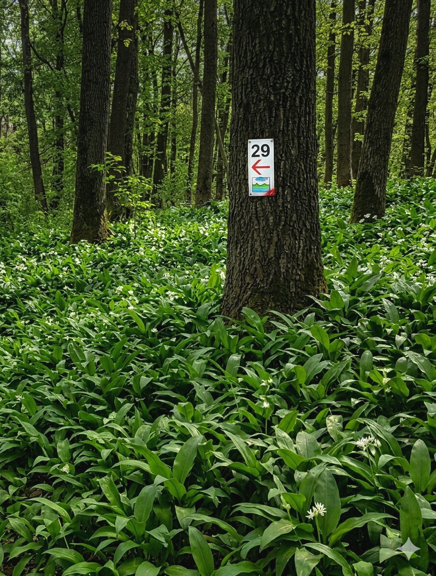 Sentiero 29 con segnaletica e aglio orsino